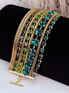 Wide Gold Tone Green Faceted Stone Multi Row Statement Bracelet
